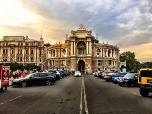 **Street view of the Odessa Opera House at dusk