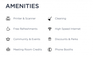 Amenities offered by coworking spaces.