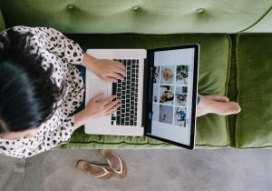 A woman working from home.