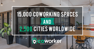 A graphic showing Coworker has reached 15,000 total coworking spaces in its network.