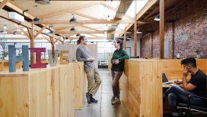 A team of remote workers in a coworking space.