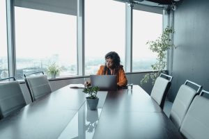 A woman in a coworking space.