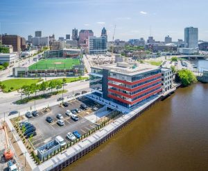 A bird's eye view of Milwaukee, Wisconsin.