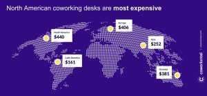 A view of a map showing desk prices for North America.