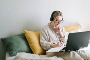 A woman working from home.