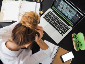 A woman working remotely.