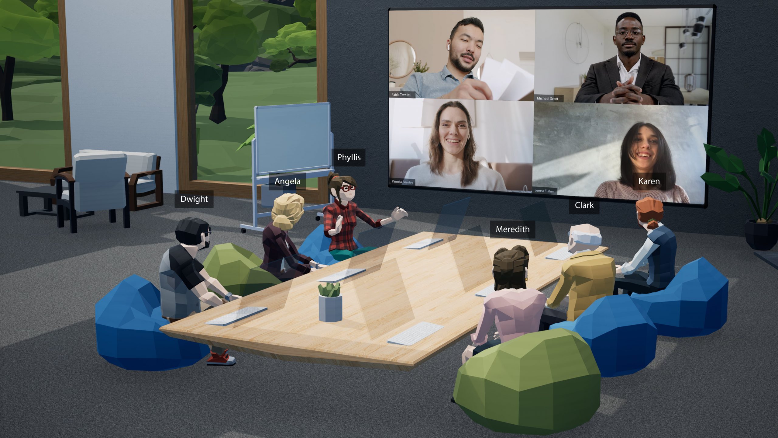 A digital illustration depicting people collaborating in a virtual coworking space within the metaverse.