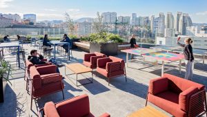 A view of a coworking space rooftop.