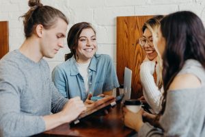 A group of people working from a coworking space.