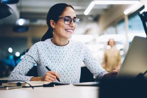 A woman working remotely.