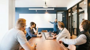 A view of a coworking space's meeting room.