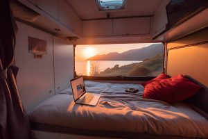 A view of a digital nomad's van for remote working.