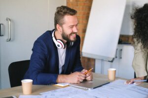 A man using AI technology in a coworking space.