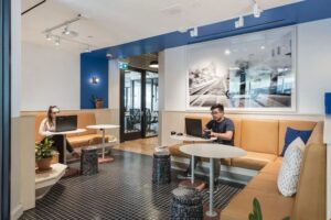 A view of a hybrid workspace.