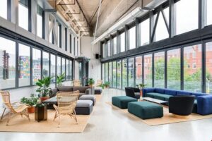 A view of a hybrid workspace.