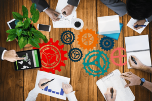 A view of a hybrid work team collaborating.