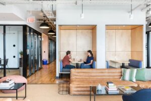 A view of an ergonomic coworking space.