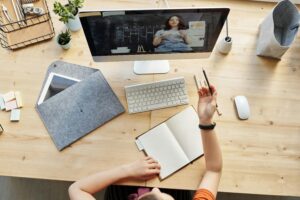 A view of a remote worker taking an online course.
