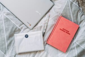 A view of a person's remote work setup.