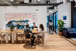 A group of people working on a project in a flex office space.